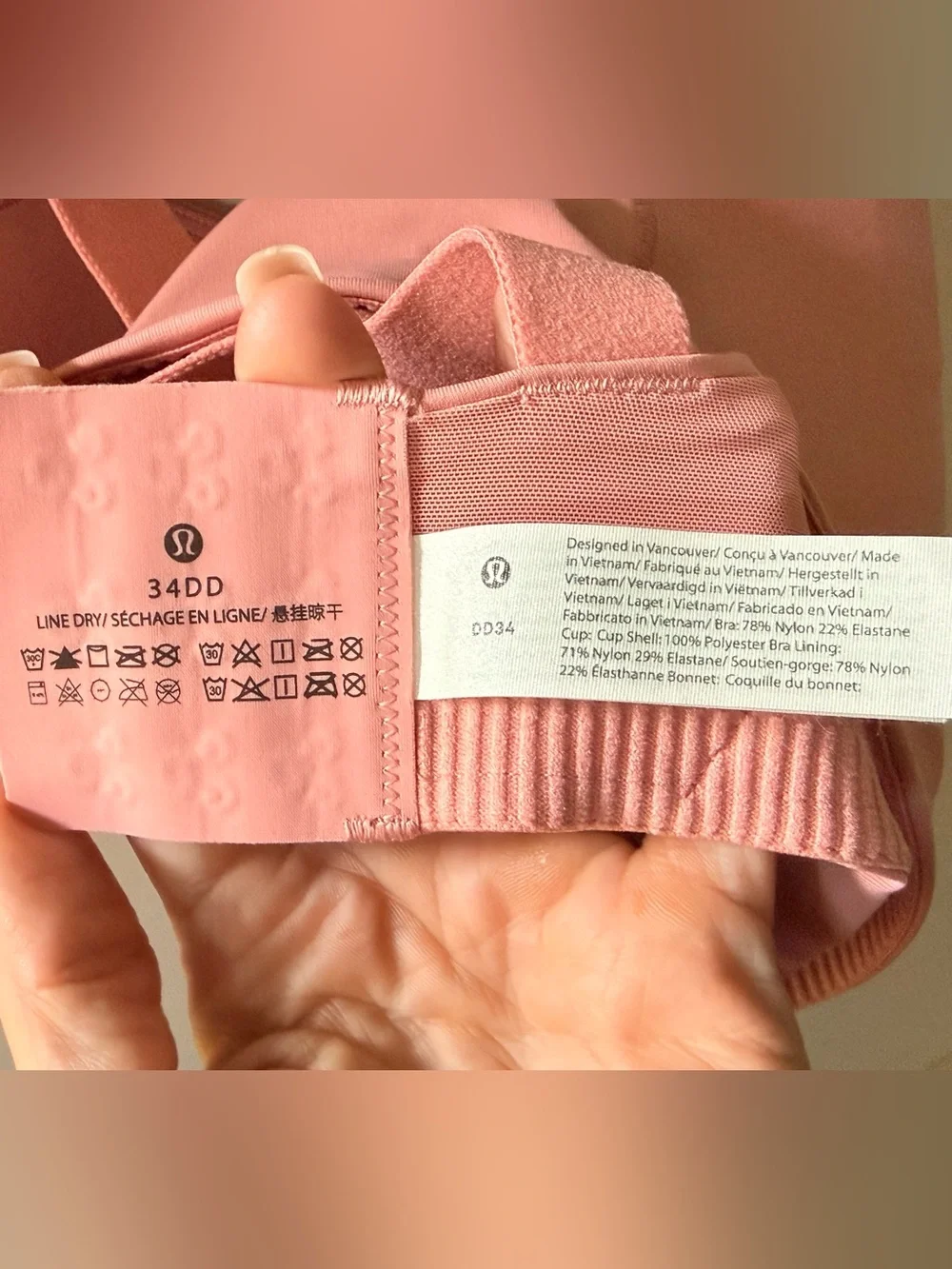 Lululemon High Support Sports Bra Blush Pink Adjustable Crossback 34DD